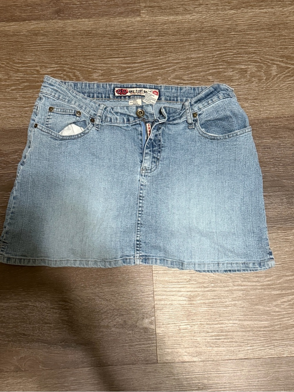 Y2K One Tuff Babe OTB Stretch Denim Mini Skirt Size 11/12 Light Wash